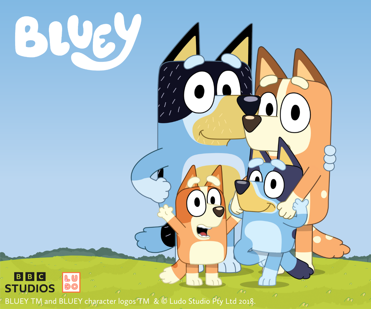 Bluey Familie mit Bluey, Bingo, Chilli und Bandit