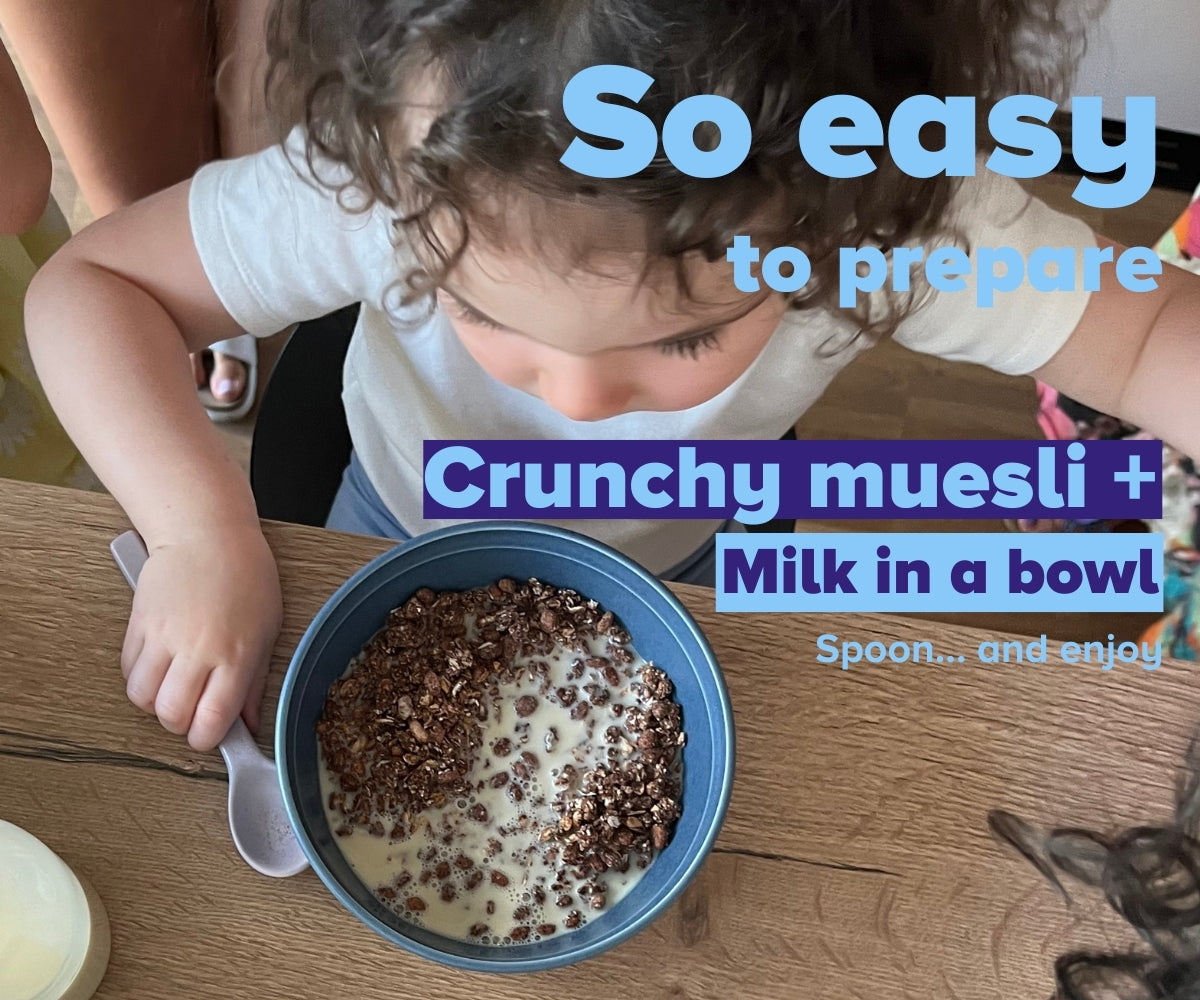 Easy preparation: add crunchy muesli + milk to a bowl, spoon and enjoy