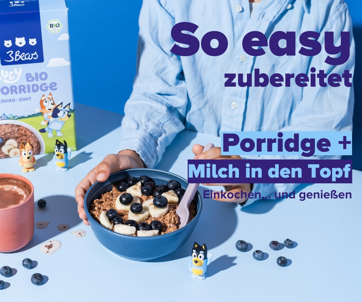 Easy preparation: add organic porridge + milk to a pot, cook and enjoy