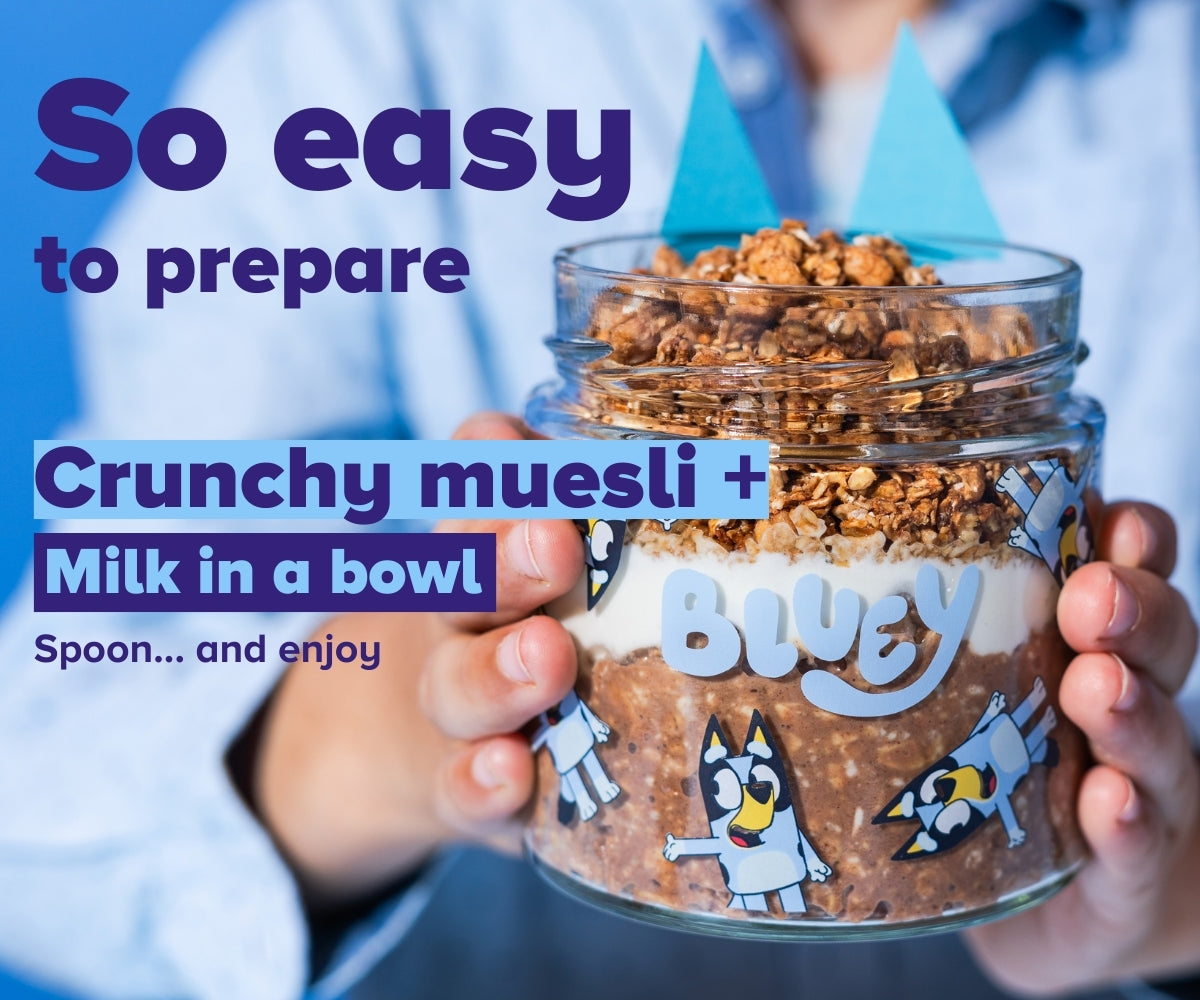 Einfache Zubereitung, Knuspermüsli + Milch in eine Schüssel geben, Löffeln und genießen
