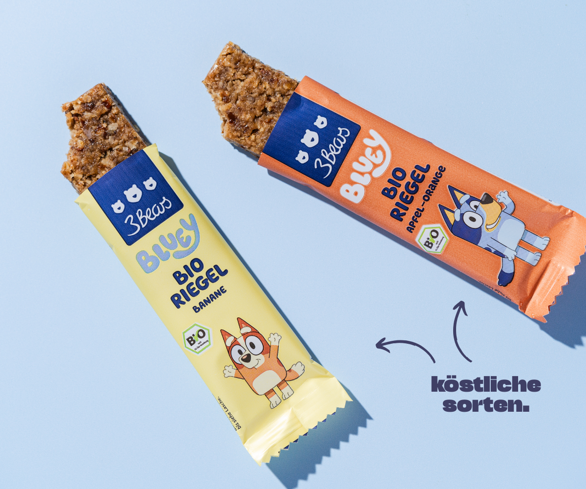 Bluey Riegel, Sorte Banane und Sorte Apfel-Orange
