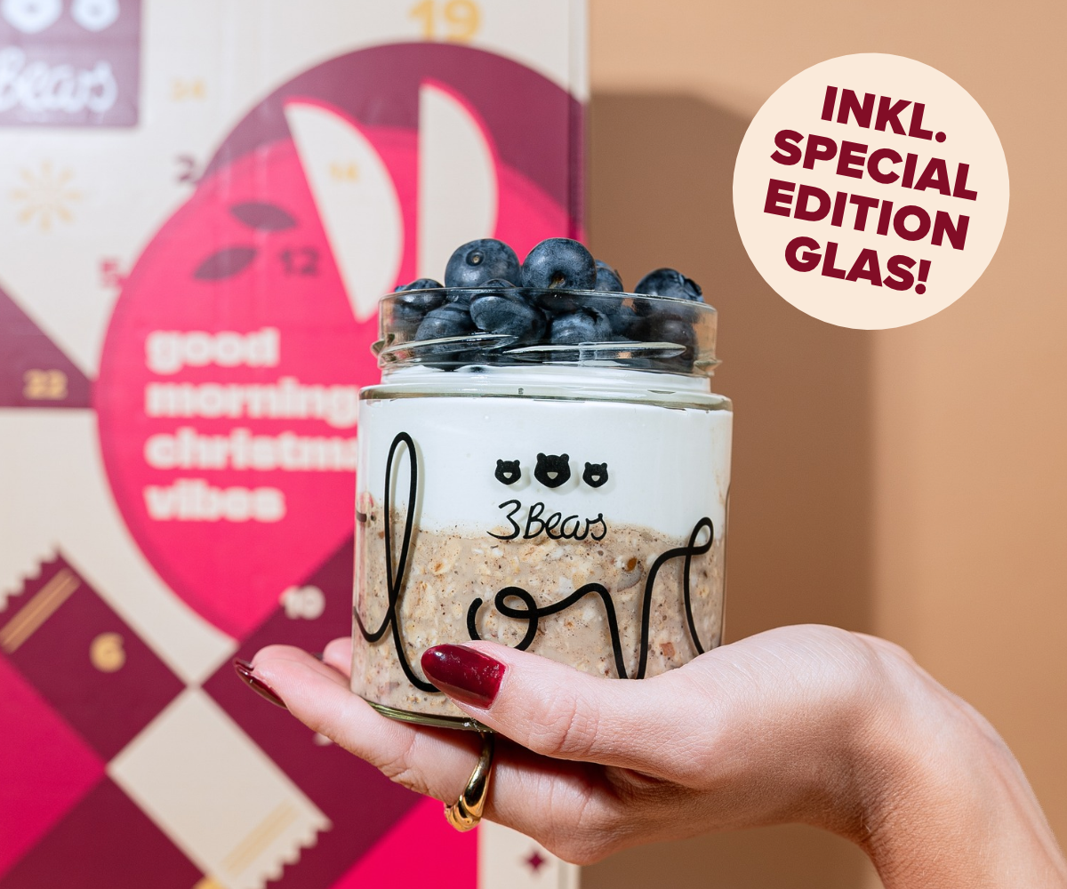 Special Edition 3Bears Overnight Oats Glas mit Heidelbeeren, gibt es jetzt nur im Adventskalender 2026 
